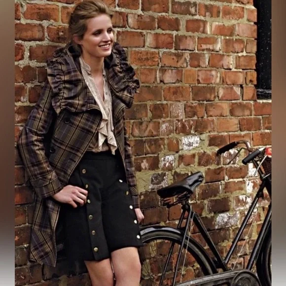 Anthropologie Elevenses Brown Puckered plaid trench coat jacket size 6 - Picture 6 of 9